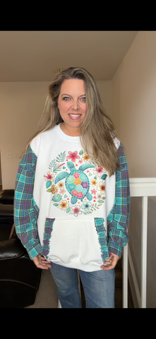 Upcycled Sea Turtle - women's 3X midweight Sweatshirt with flannel sleeves
