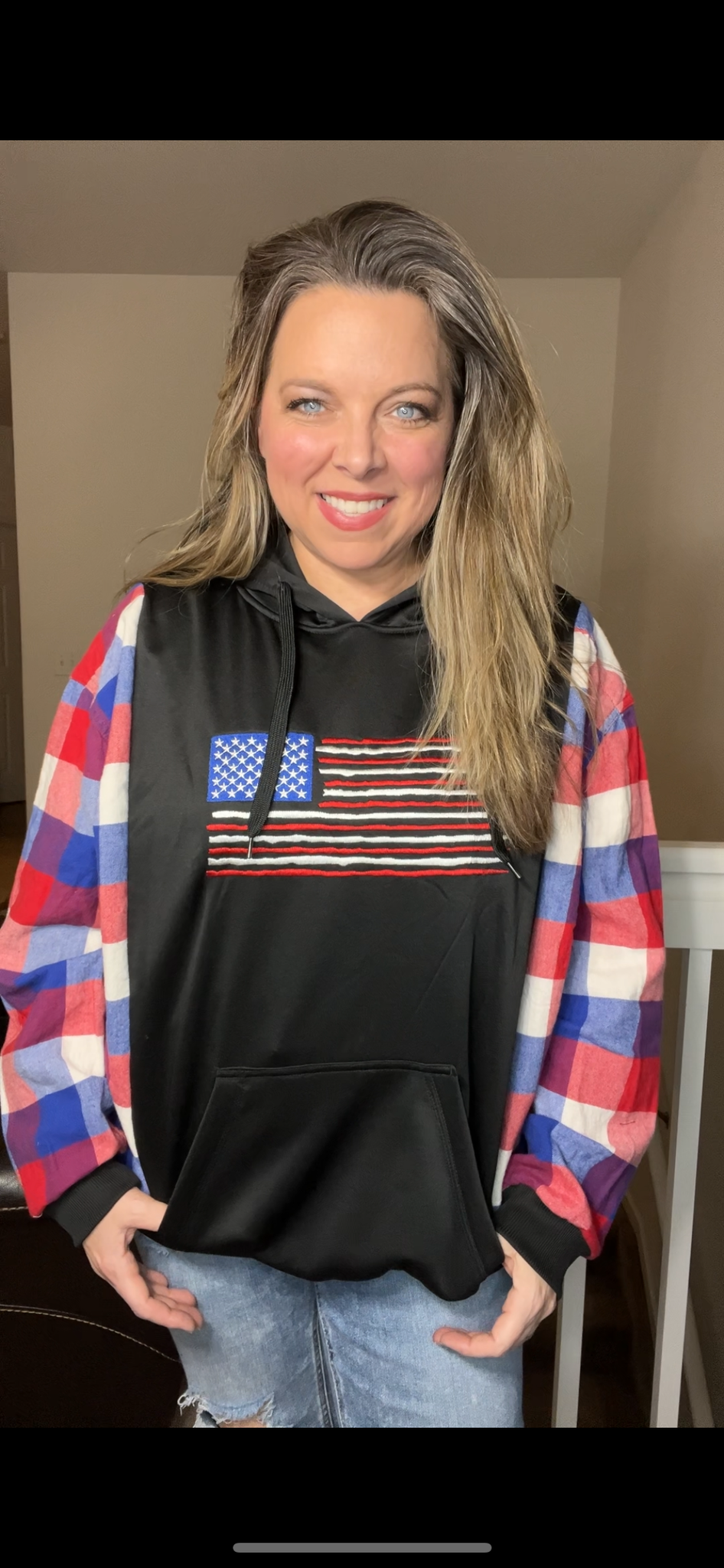 Upcycled Flag – women’s XL/1X – midweight sweatshirt with flannel sleeves