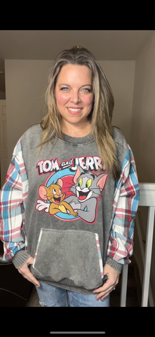 Upcycled Tom and Jerry – women’s 2X – midweight sweatshirt with flannel sleeves