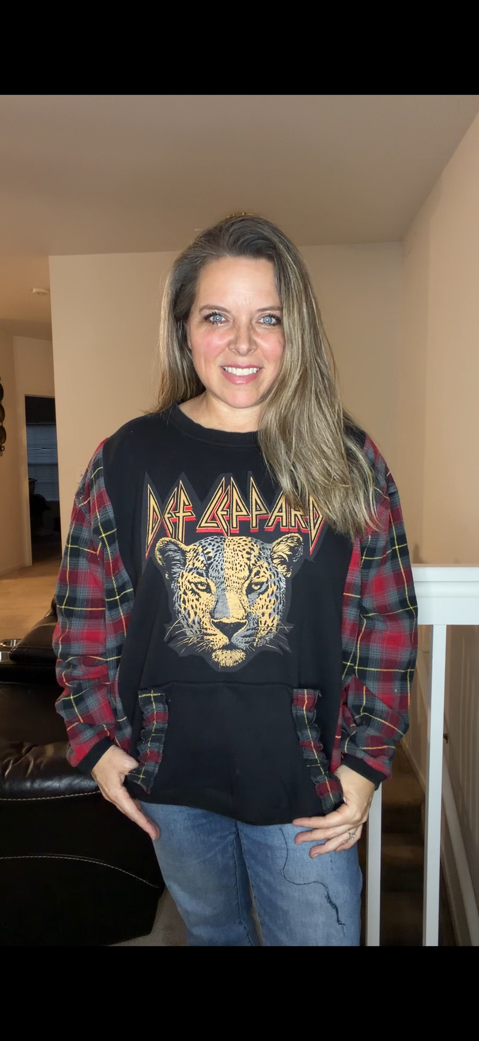 Upcycled Def Leppard - women's 1X midweight sweatshirt with thick flannel sleeves
