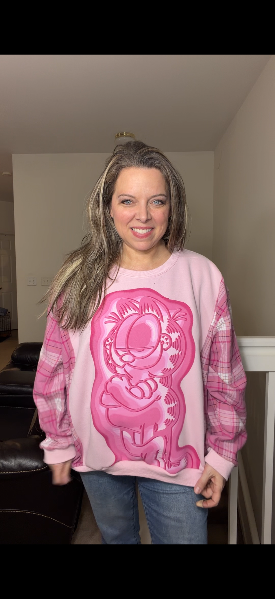 Upcycled Garfield - women's 2X midweight sweatshirt with flannel sleeves