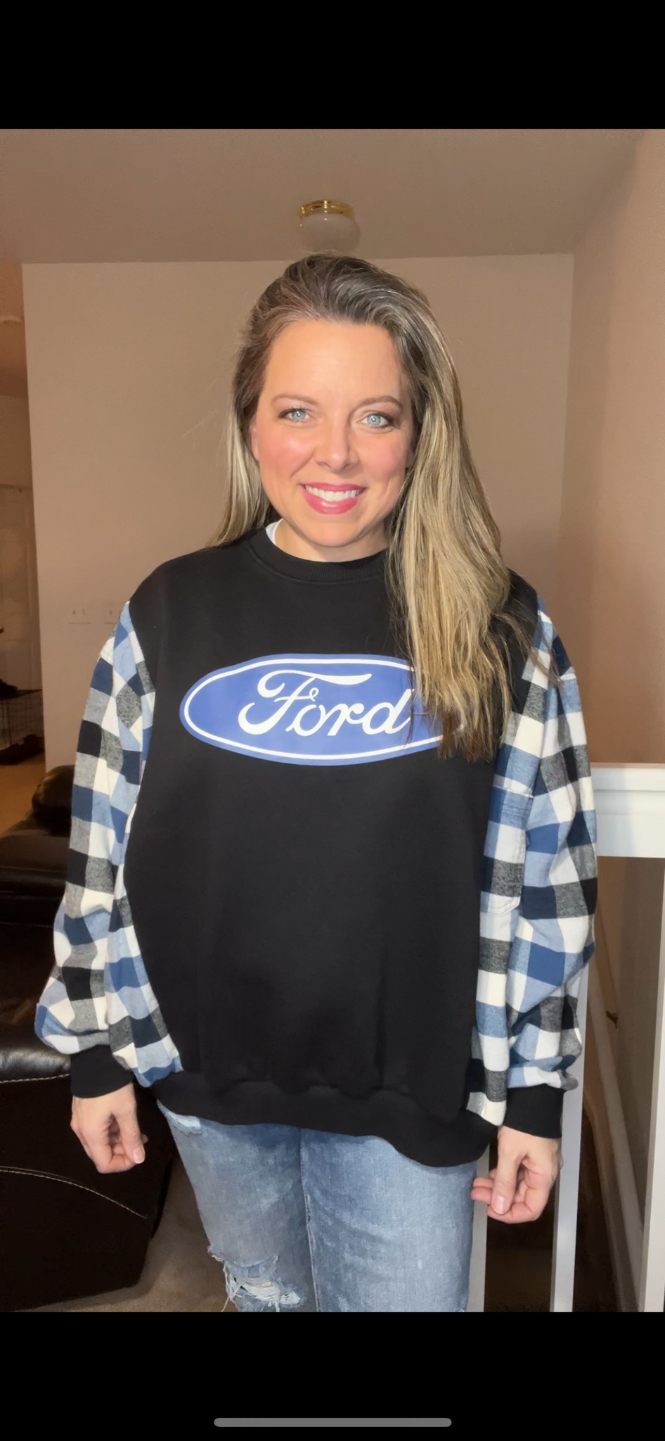 Upcycled Ford - women’s large – midweight sweatshirt with flannel sleeves ￼