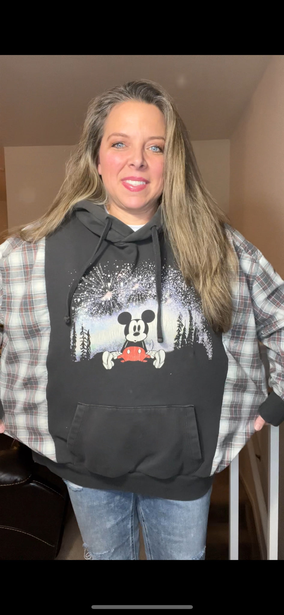 Upcycled Mickey Mouse – women’s one X/2X – heavy sweatshirt with flannel sleeves - distressed graphic (see pic)
