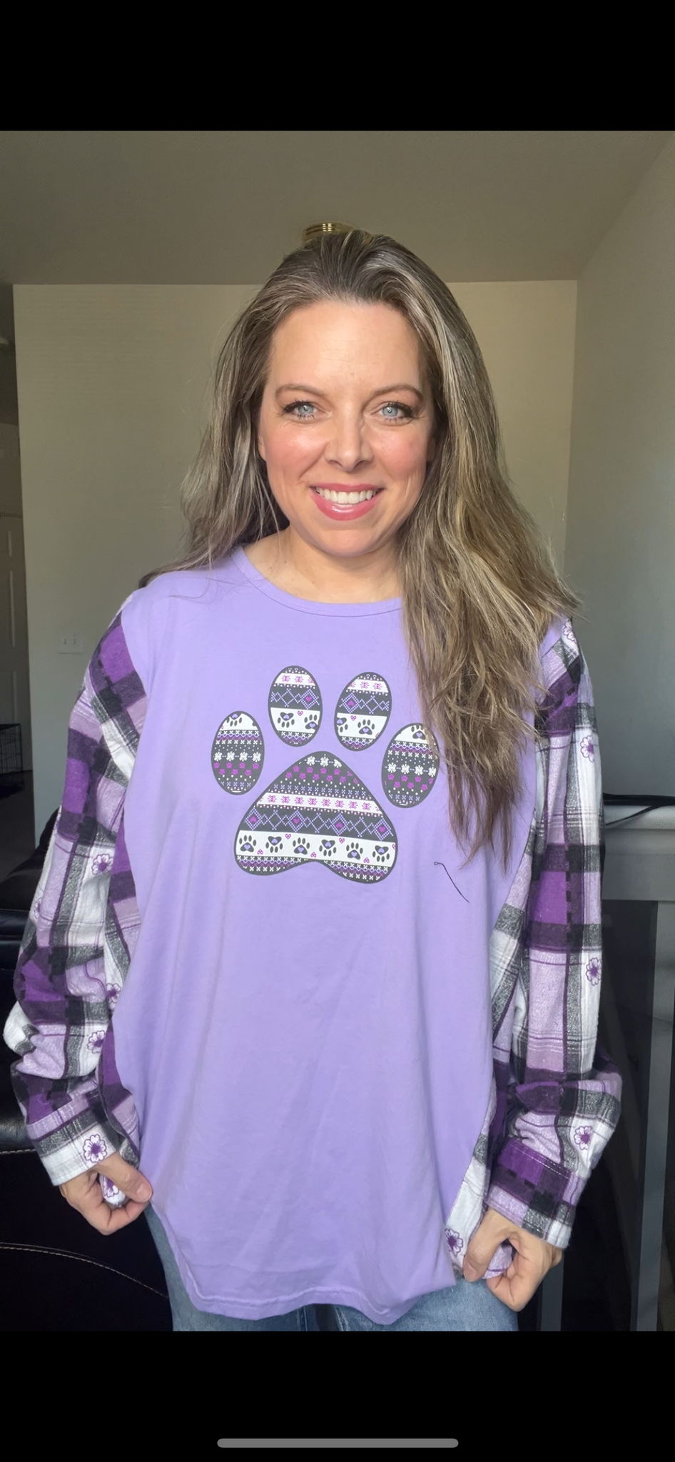 Upcycled Paw - women’s 3X T-shirt with flannel sleeves