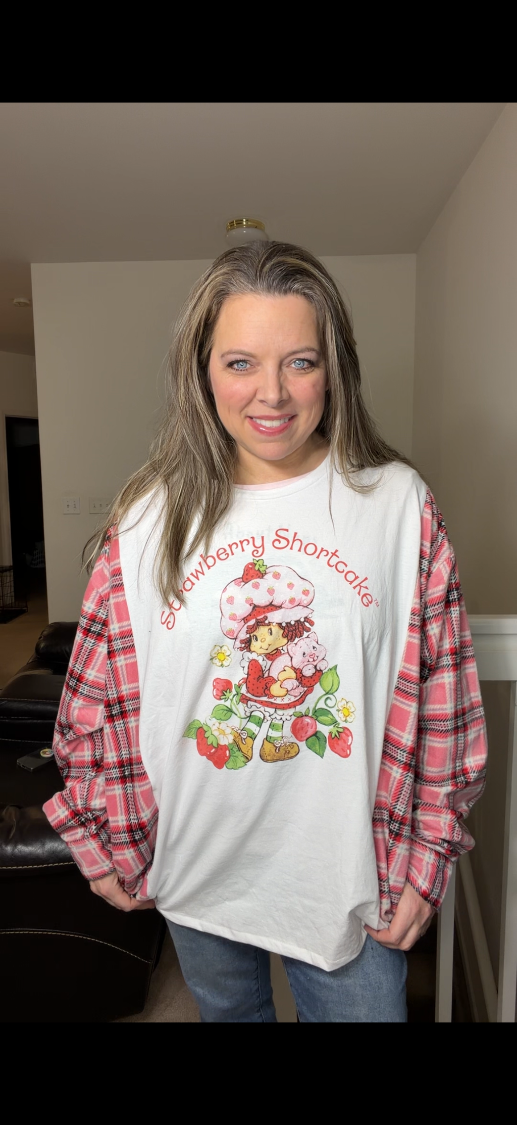 Upcycled Strawberry Shortcake- women's 3X/4X T-shirt with fuzzy sleeves ￼