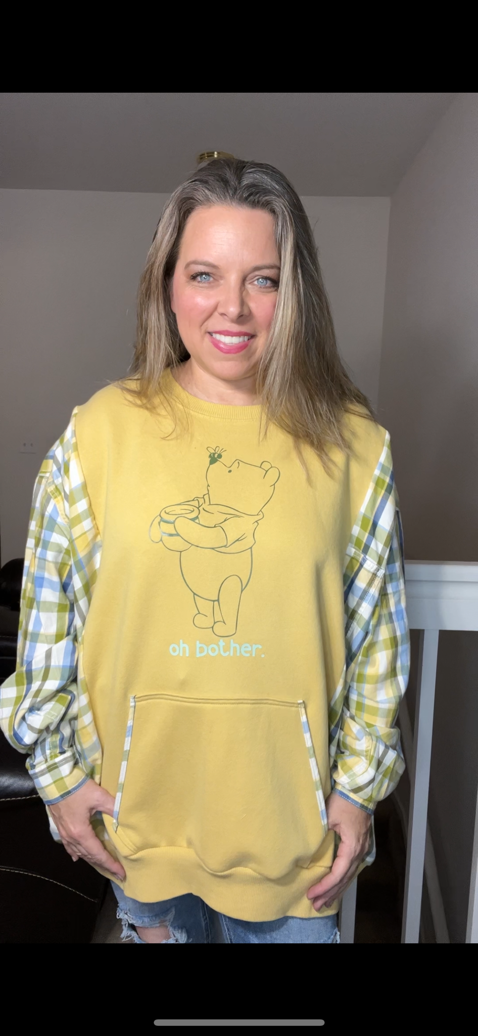 Upcycled Pooh – women’s 3X – midweight sweatshirt with flannel sleeves