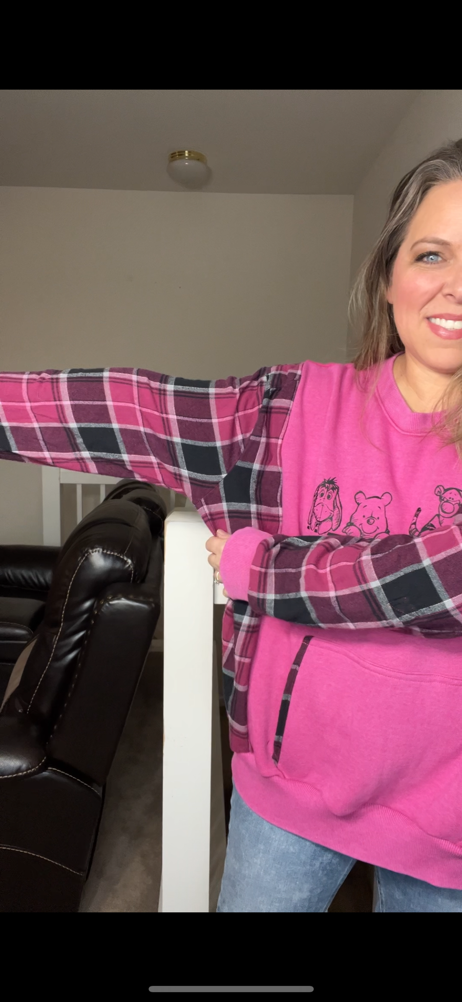 Upcycled Pooh and friends – women’s 2X/3X – thin French terry sweatshirt with flannel sleeves