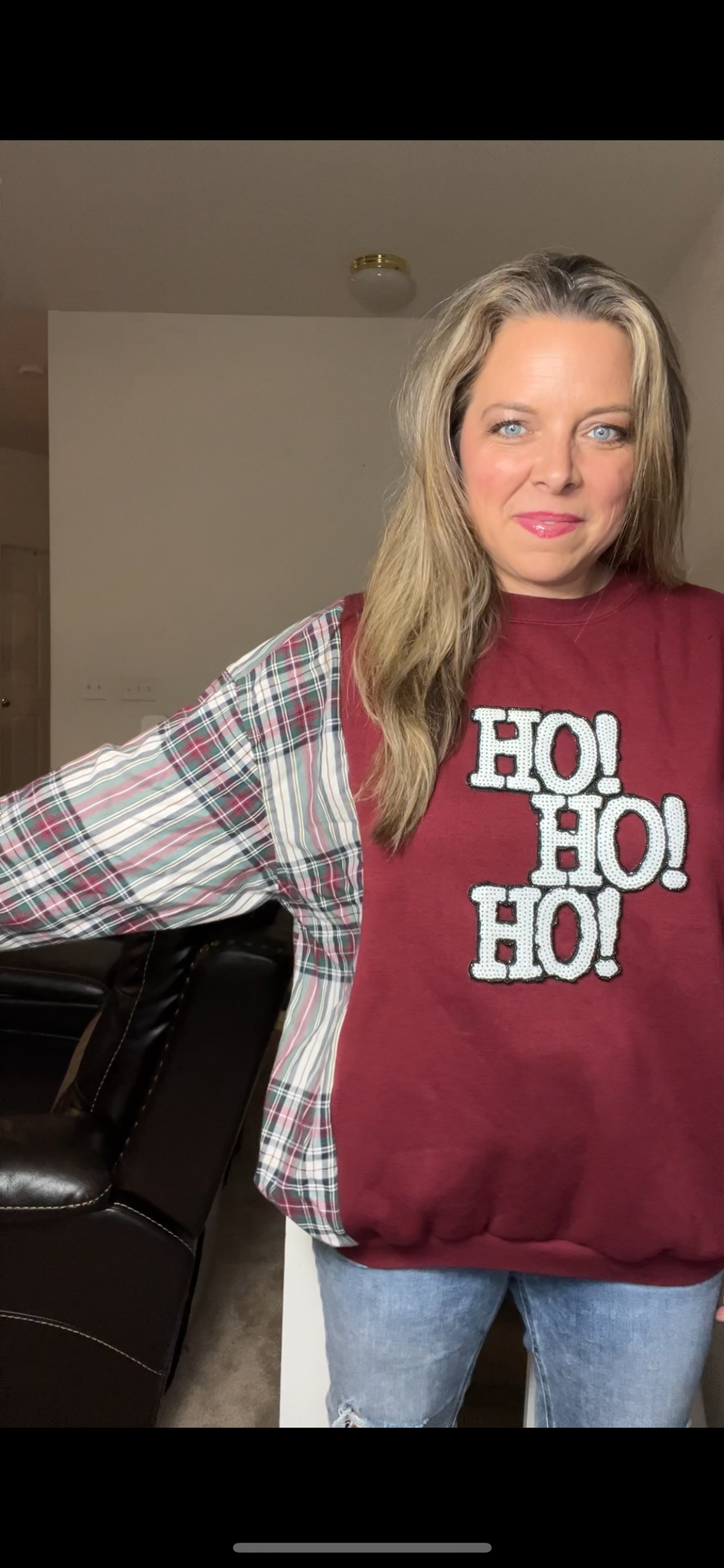 Upcycled Ho Ho Ho – women’s XL/1X – middleweight sweatshirt with flannel sleeves￼