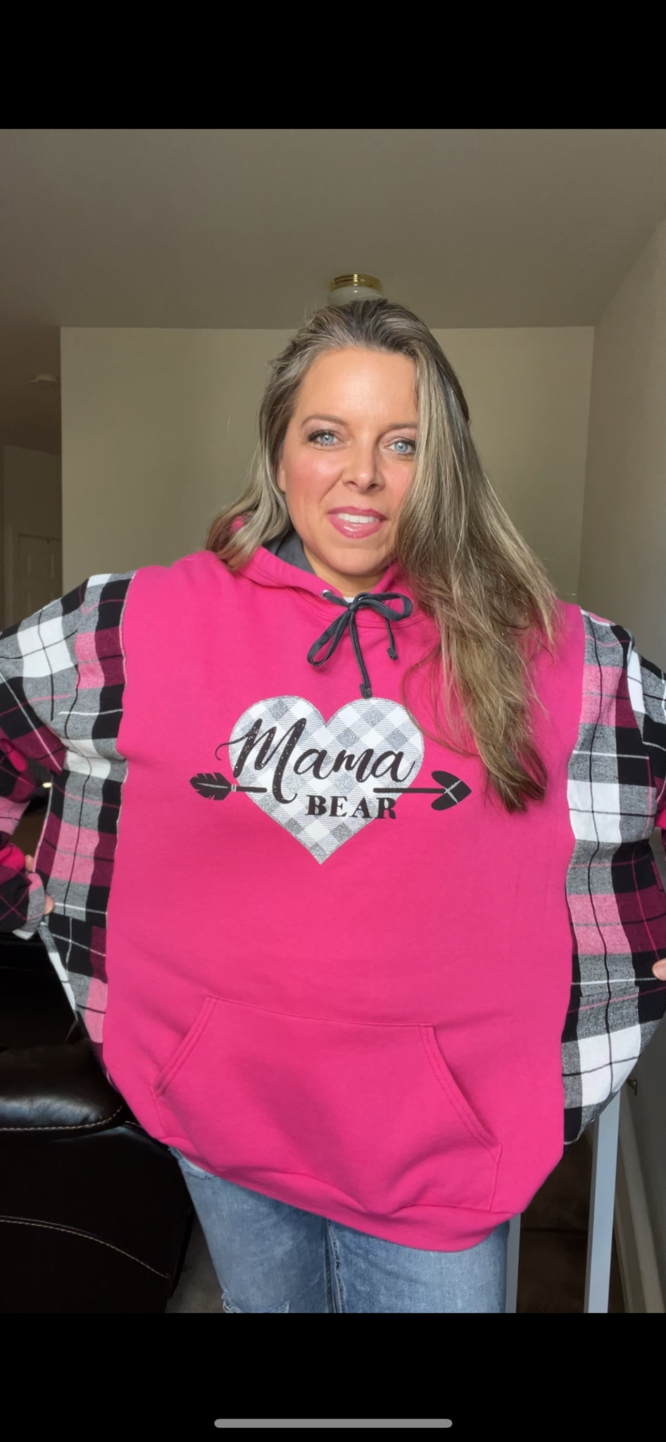 Upcycled Mama Bear – women’s 2X – midweight sweatshirt with flannel sleeves￼