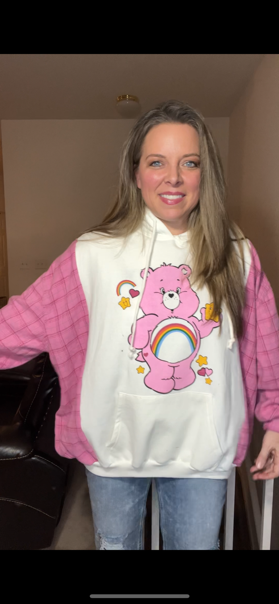 Upcycled Carebear – women’s XL/1X – midweight sweatshirt with flannel sleeves￼