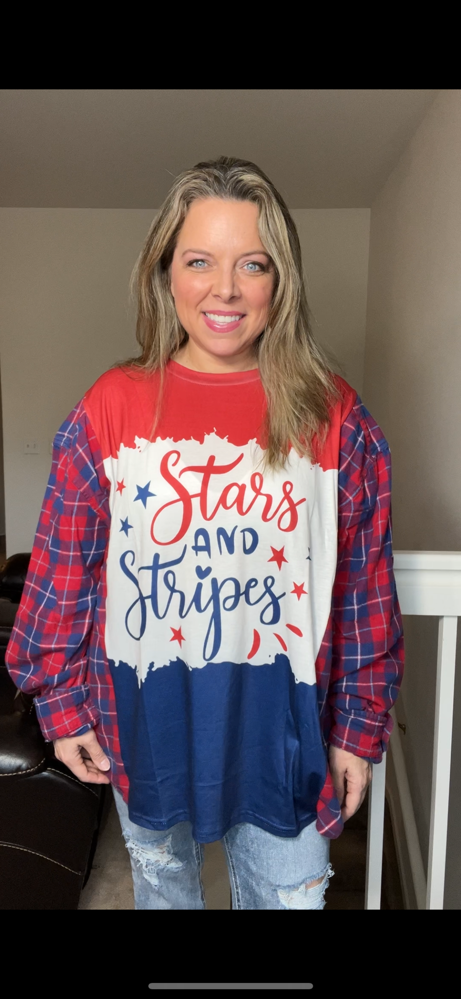 Upcycled Stars - Women’s 2X - thin T-shirt with flannel sleeves – very long, but can be shortened￼