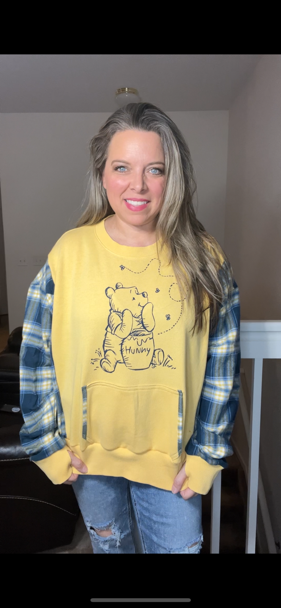 Upcycled Pooh yellow – women’s XL – thin French terry sweatshirt with flannel sleeves￼