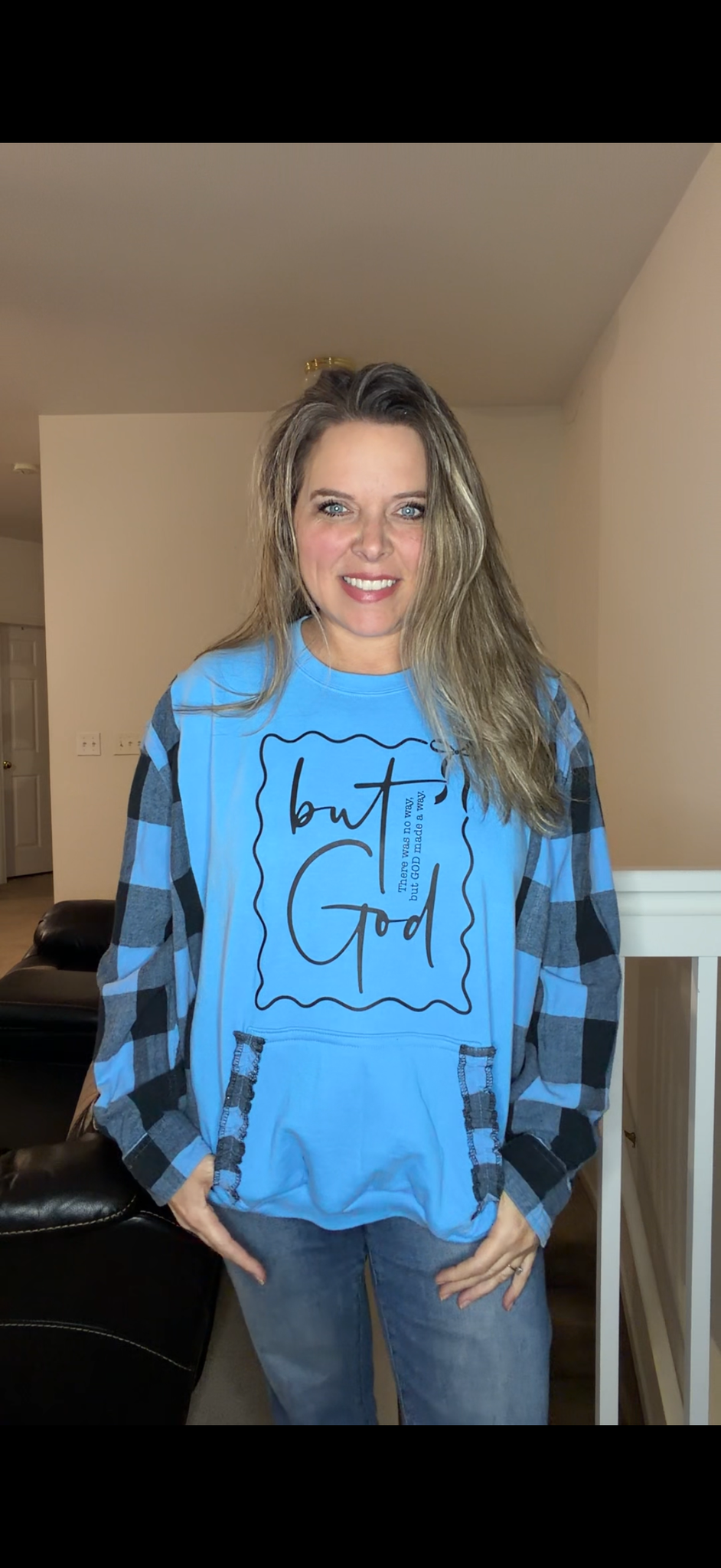 Upcycled But God - women's 1X/2X midweight sweatshirt with flannel sleeves