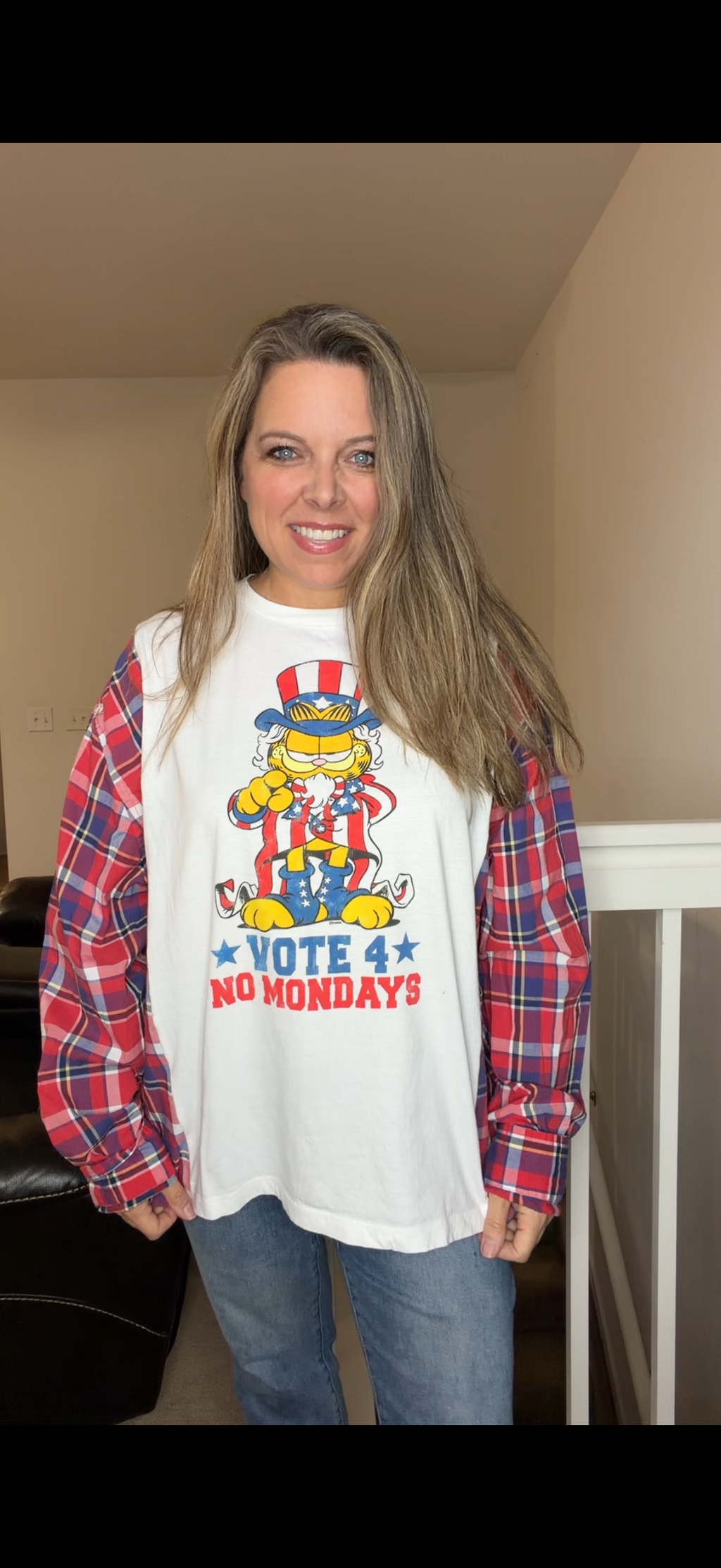 Upcycled Garfield USA - women's 1X/2X T-shirt with cotton sleeves