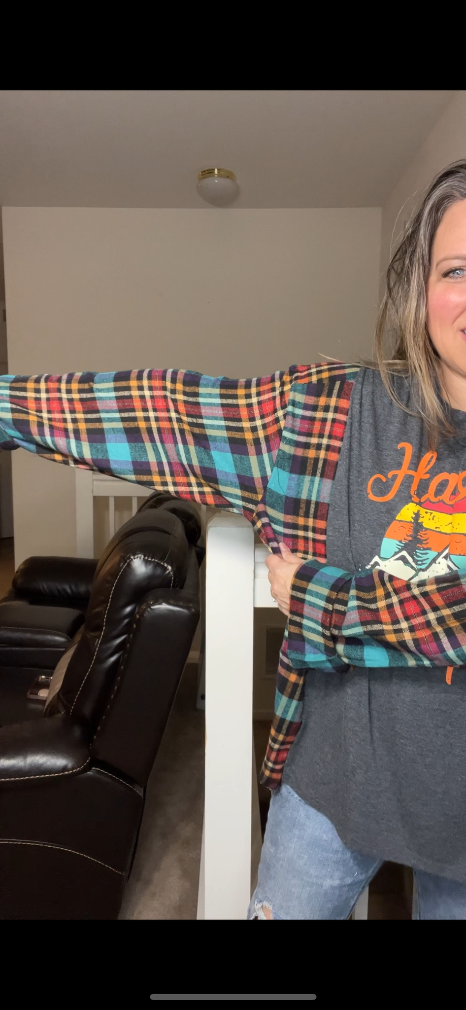 Upcycled Camper – women’s 4X T-shirt with flannel sleeves