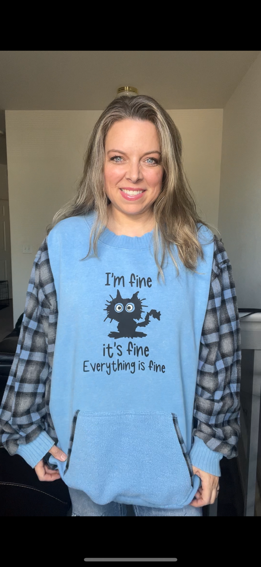Upcycled I’m fine – women’s 4X/5X midweight sweatshirt with flannel sleeves