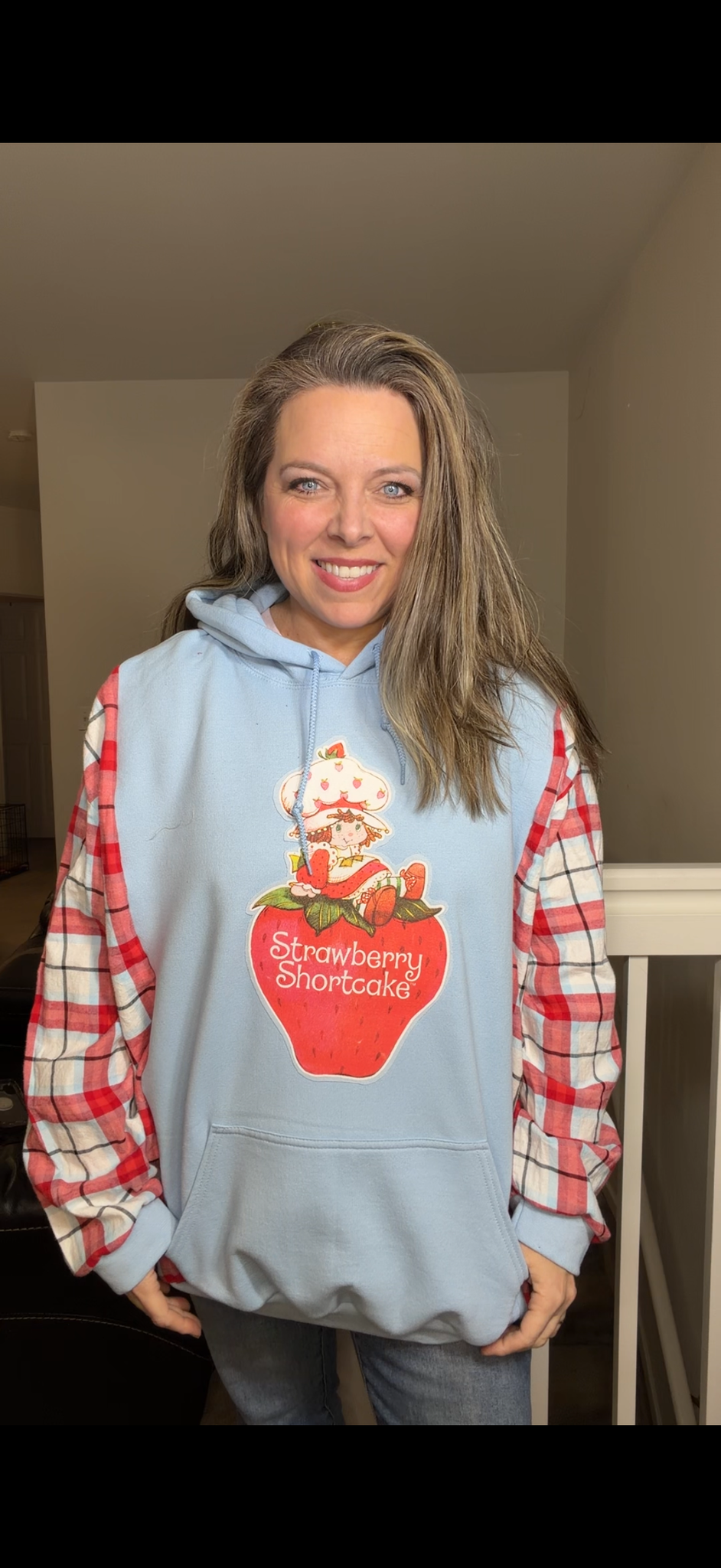 Upcycled Strawberry Shortcake- women's 3X midweight sweatshirt with flannel sleeves