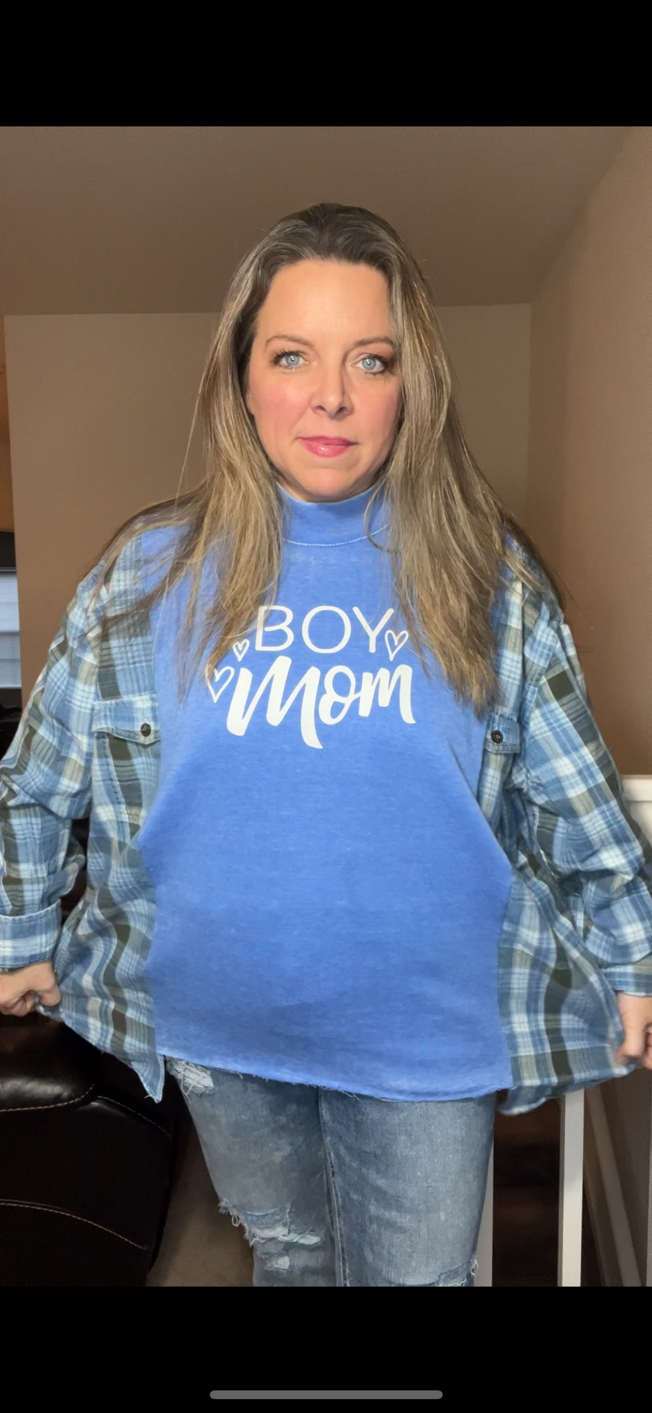 Upcycled Boy Mom – women’s 1X/2X – thin sweatshirt with flannel sleeves – mock turtleneck can be removed – bottom band can be added￼