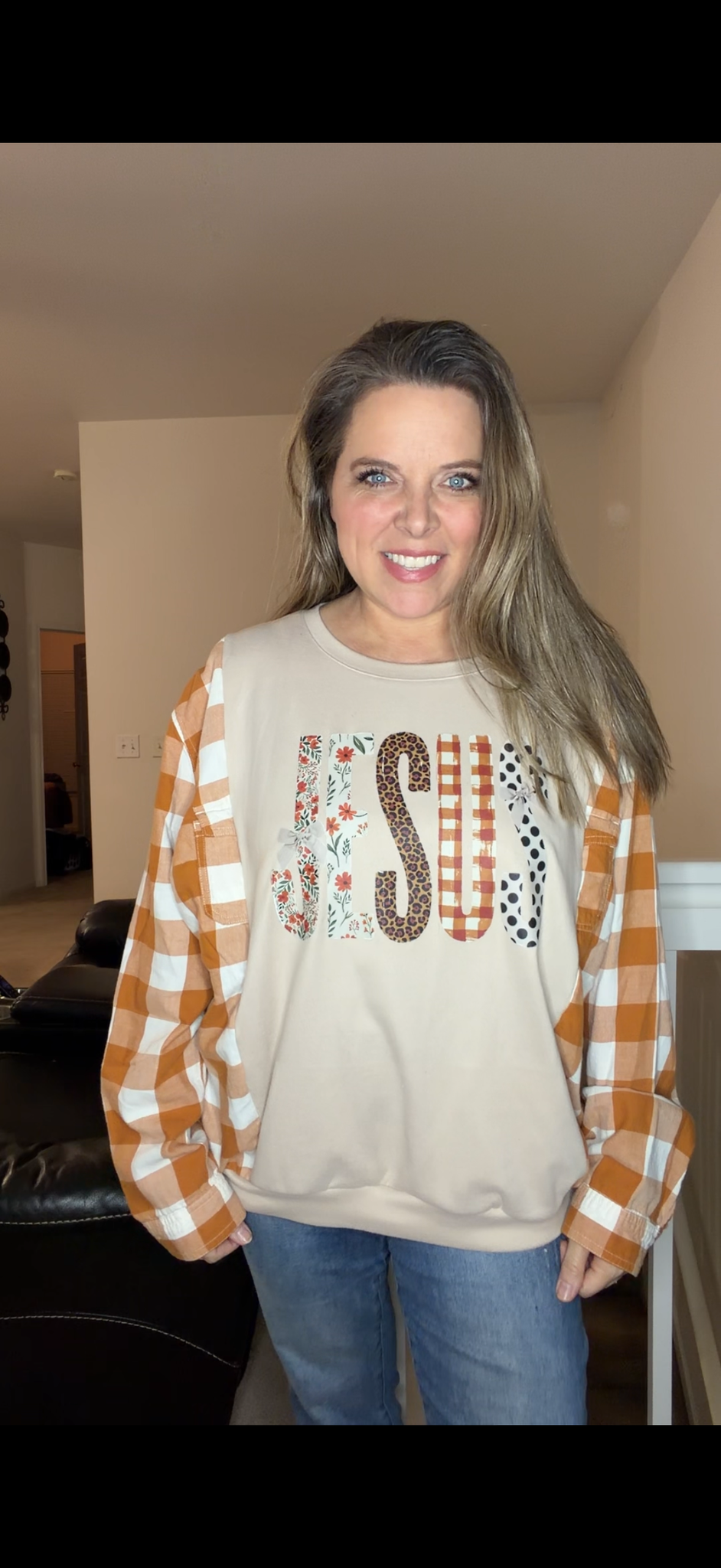 Upcycled Jesus - women's large/XL midweight sweatshirt with flannel sleeves