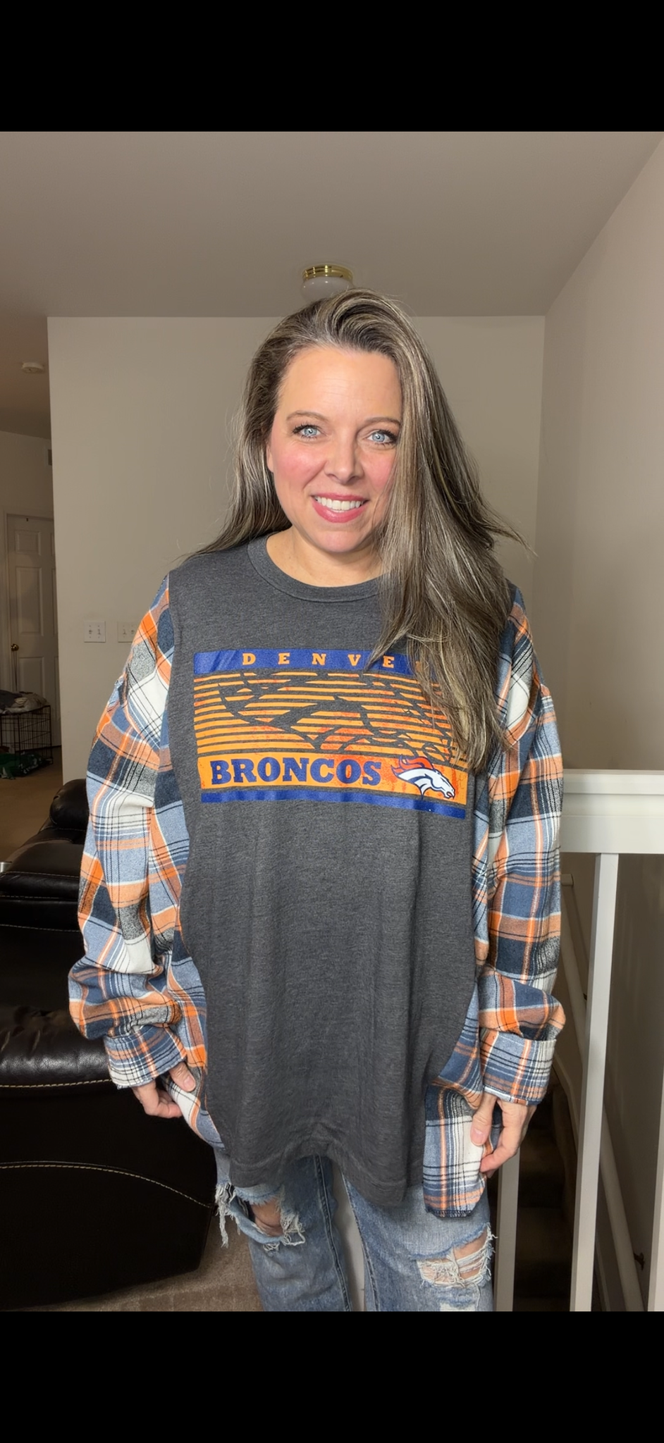 Upcycled Broncos – women's 4X T-shirt with flannel sleeves