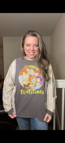 Upcycled Flintstones - women's large T-shirt with cotton sleeves