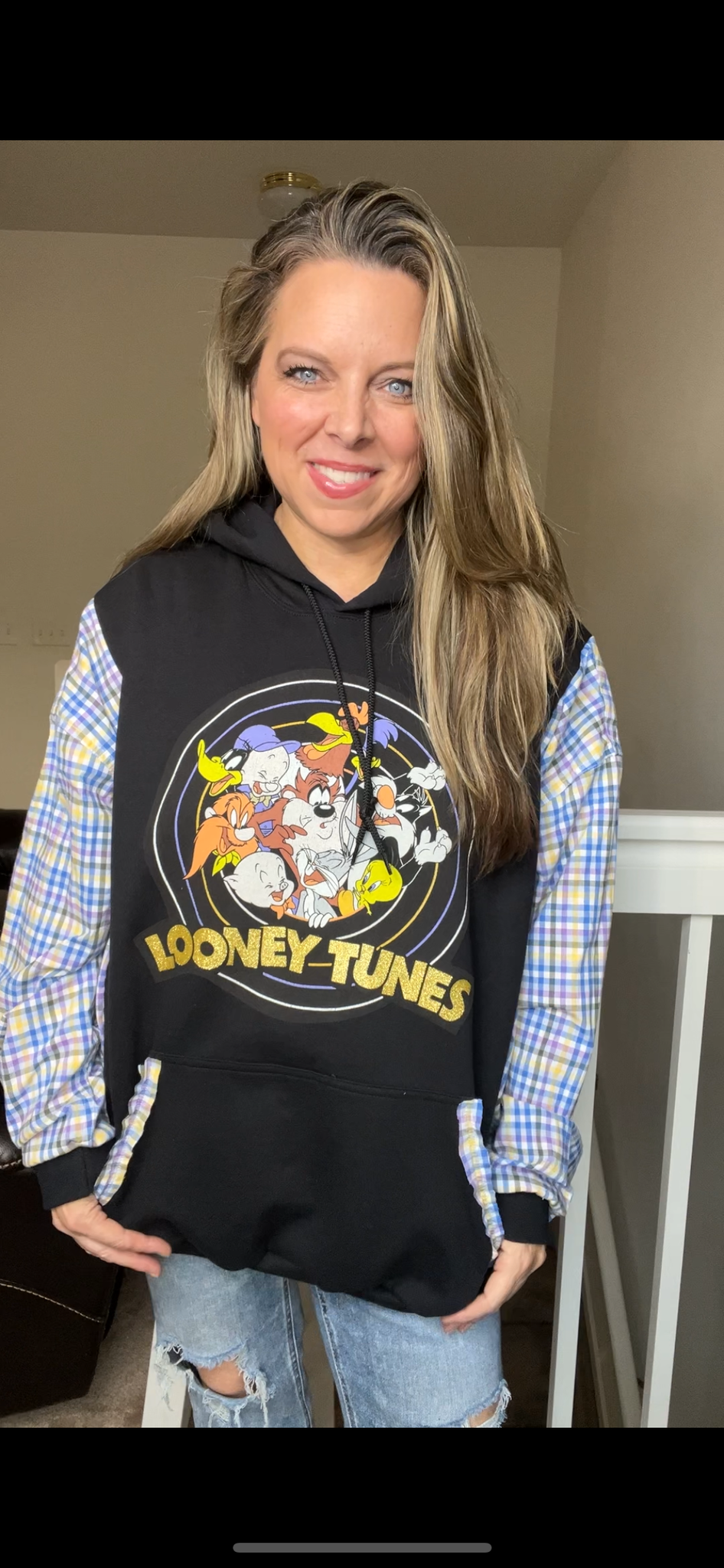Upcycled Looney Tunes- womans 4X midweight sweatshirt with cotton sleeves