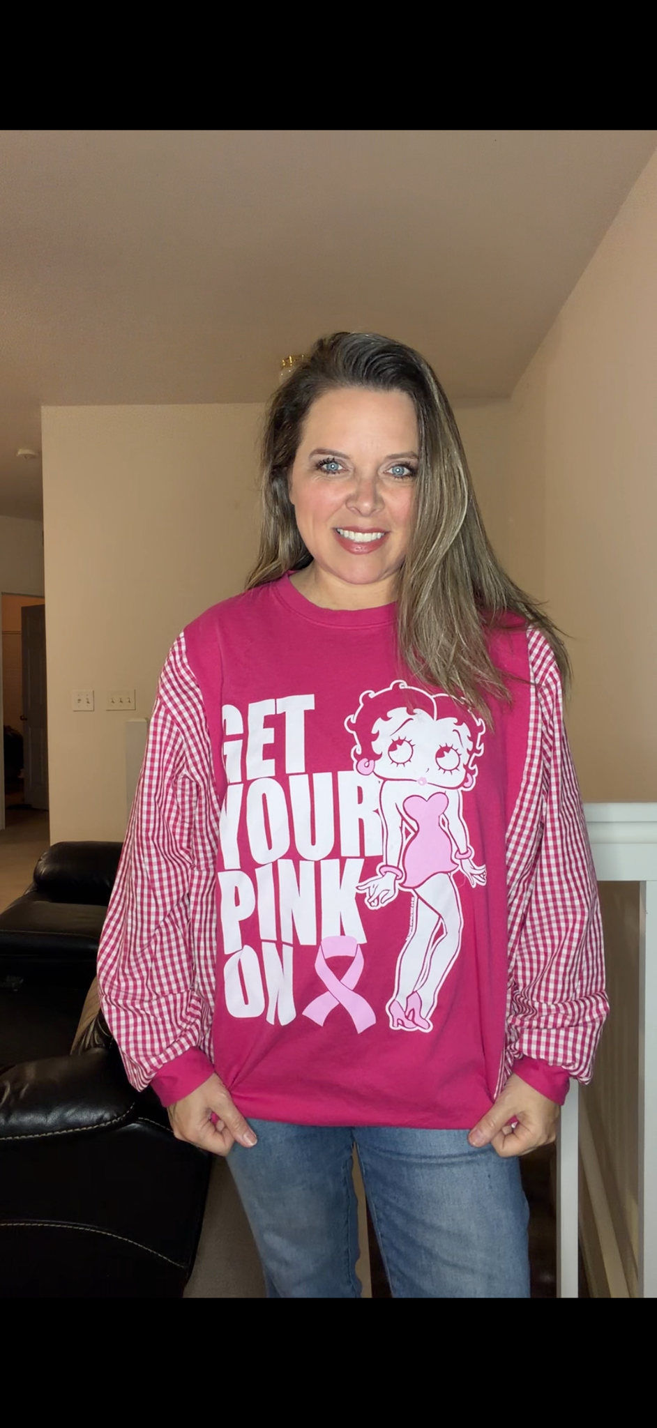 Upcycled Betty Boop - women's 1X/2X T-shirt with cotton sleeves