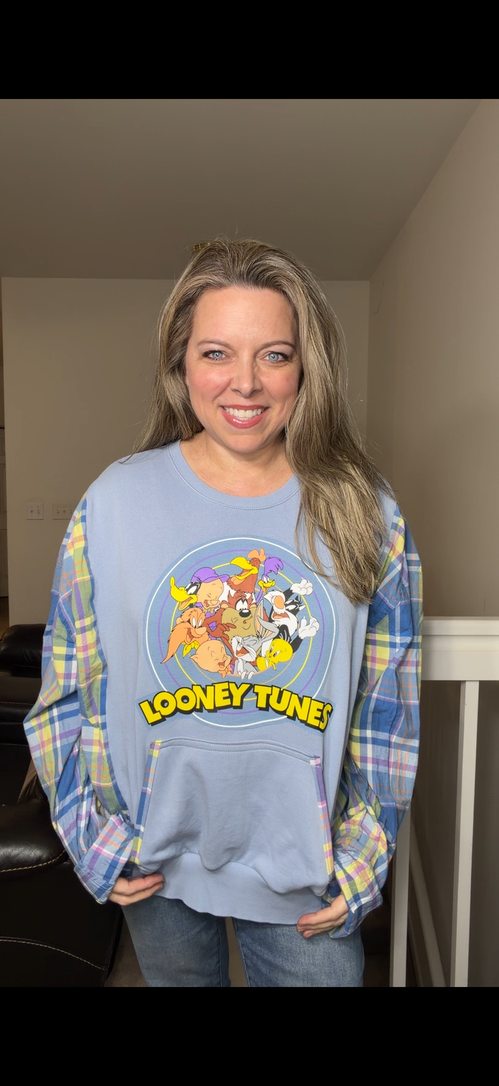 Upcycled Looney - women's large midweight sweatshirt with cotton sleeves