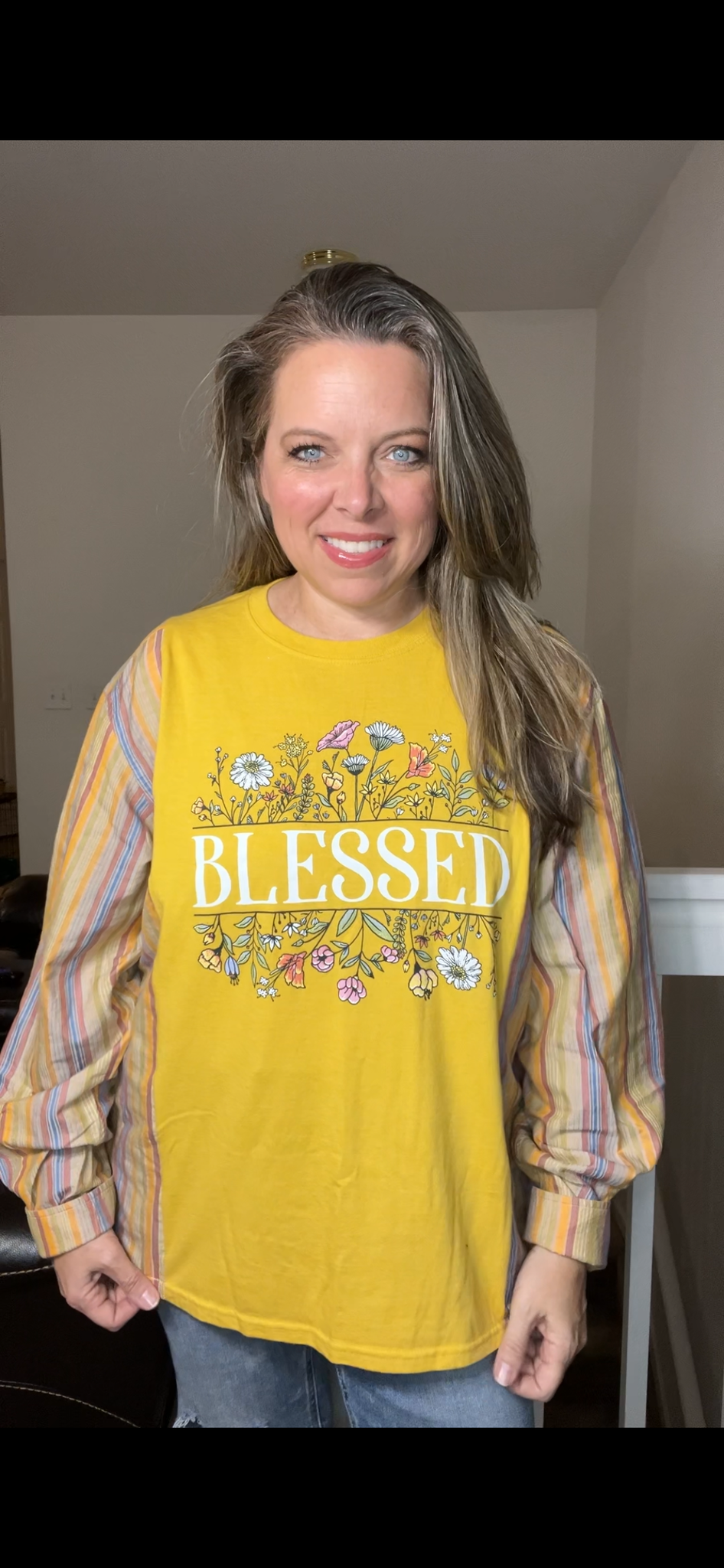 Upcycled Blessed – women’s medium T-shirt with cotton sleeves