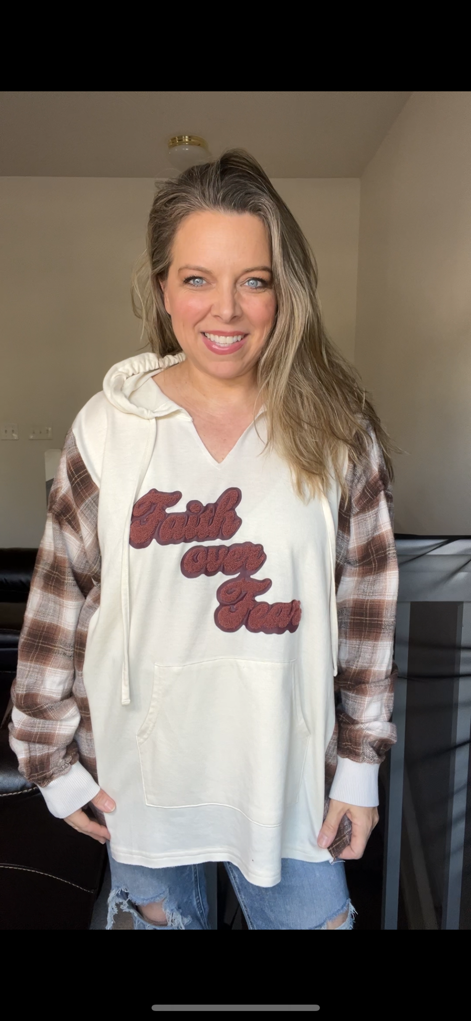 Upcycled Faith/fear – women’s 5X thin French terry shirt with a flannel sleeves