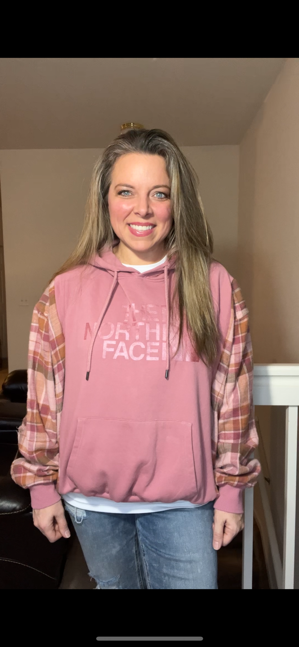 Upcycled Northface – women’s XL – midweight sweatshirt with distressed flannel sleeves￼