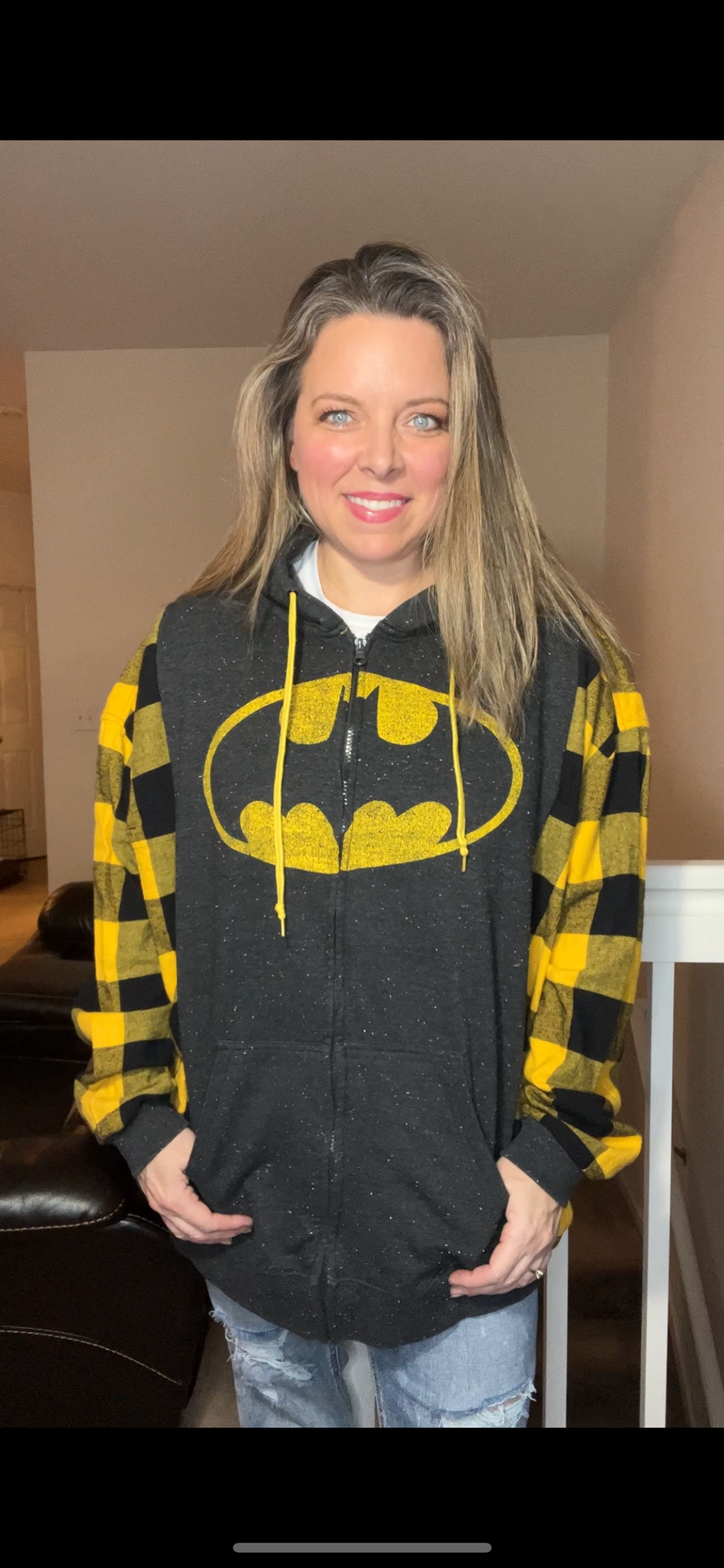 Upcycled Batman zip – women’s 2X – midweight sweatshirt with flannel sleeves￼