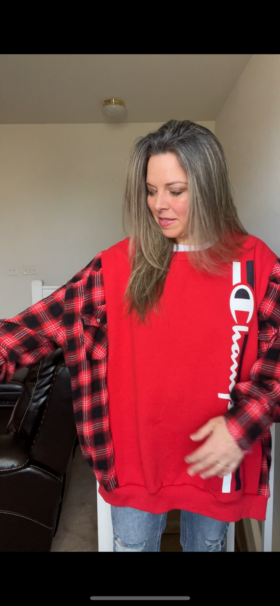 Upcycled Champion Red – women’s 4X – midweight sweatshirt with flannel sleeves￼