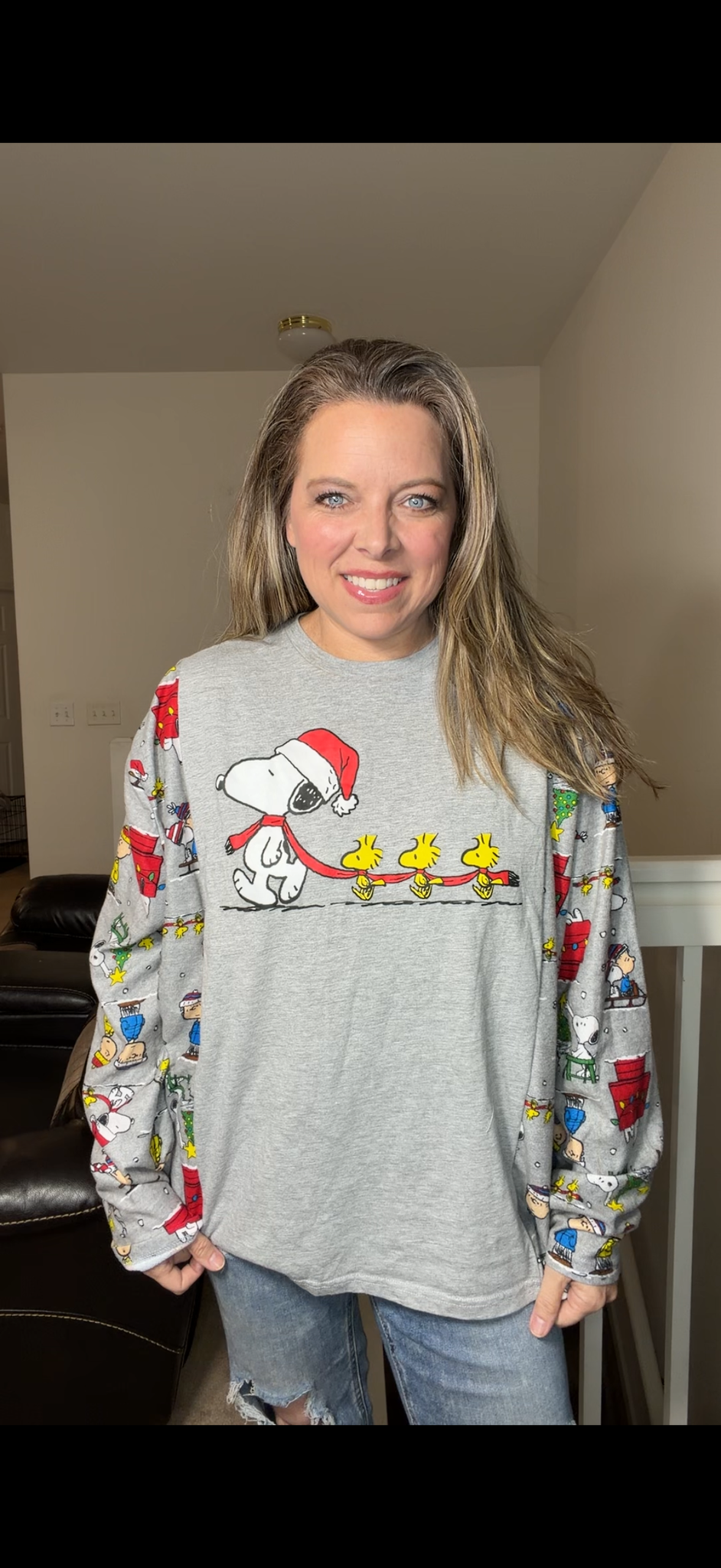 Upcycled Snoopy – women’s 2X T-shirt, with soft fleece sleeves