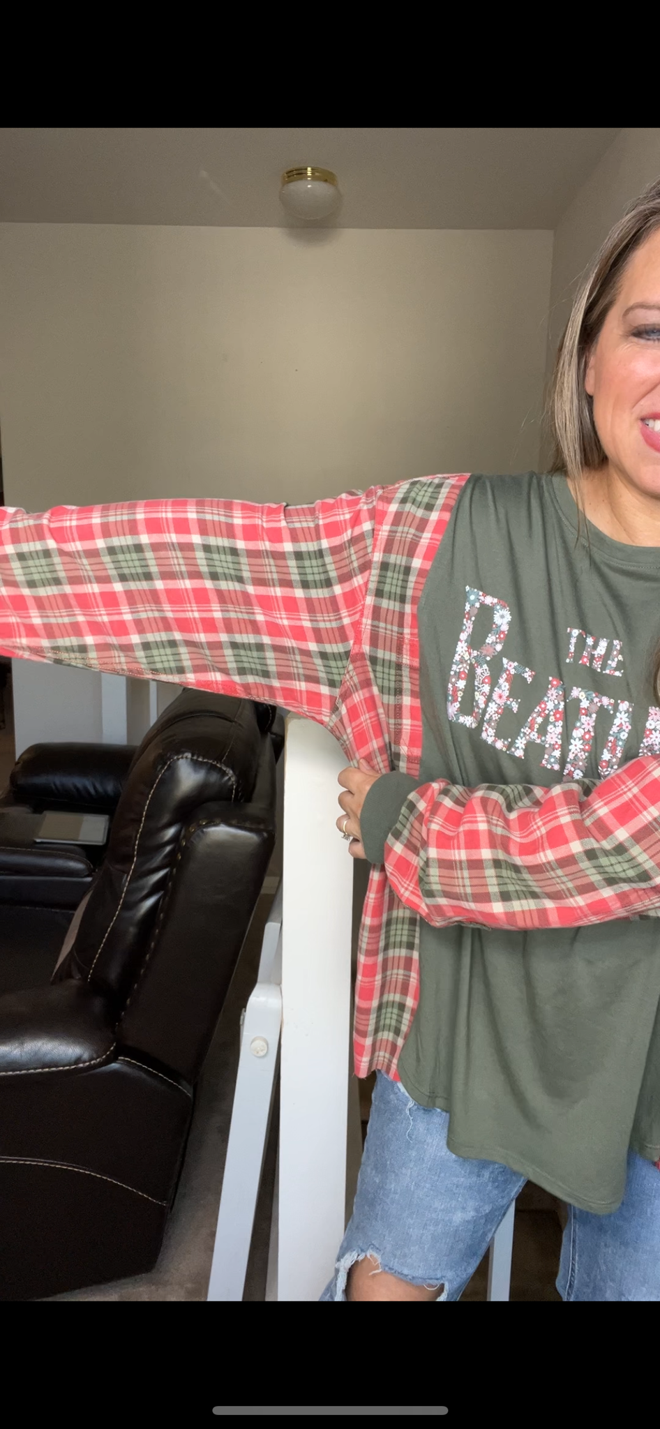 Upcycled Beatles – women’s 2X thin T-shirt with flannel sleeves