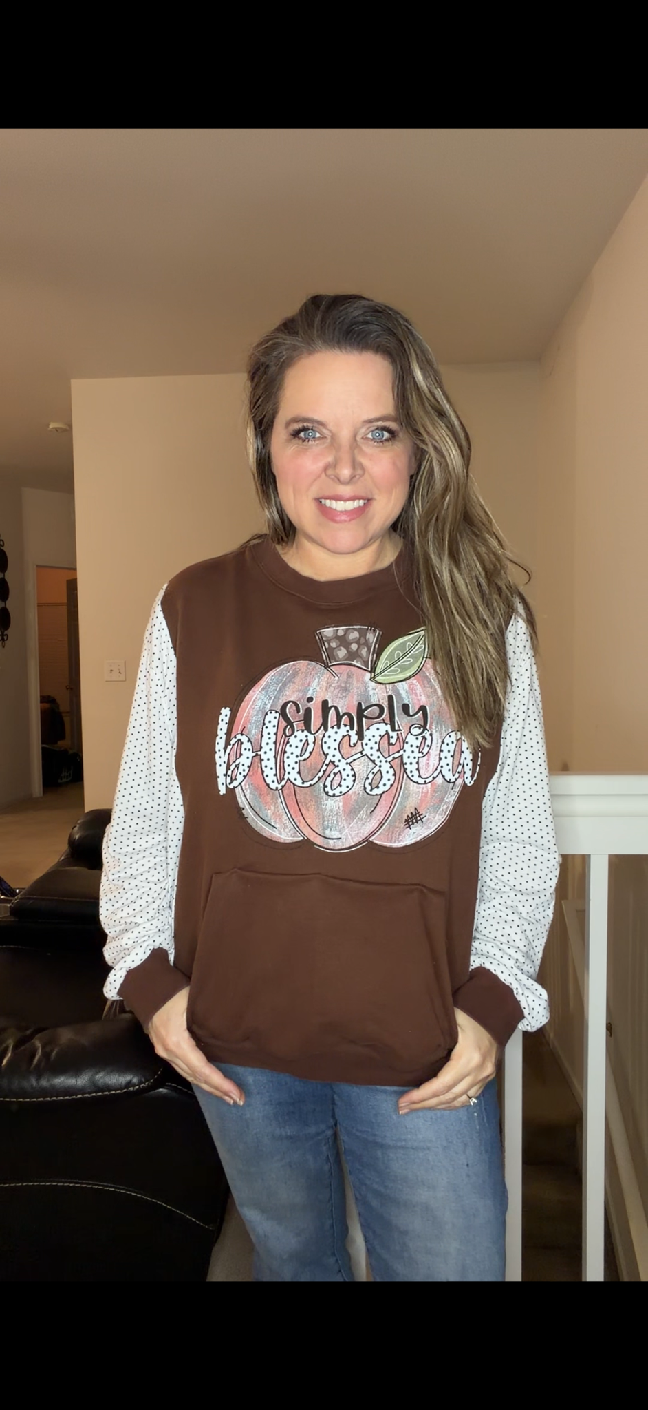 Upcycled Blessed Pumpkin- women's small/medium midweight sweatshirt with thin stretch sleeves