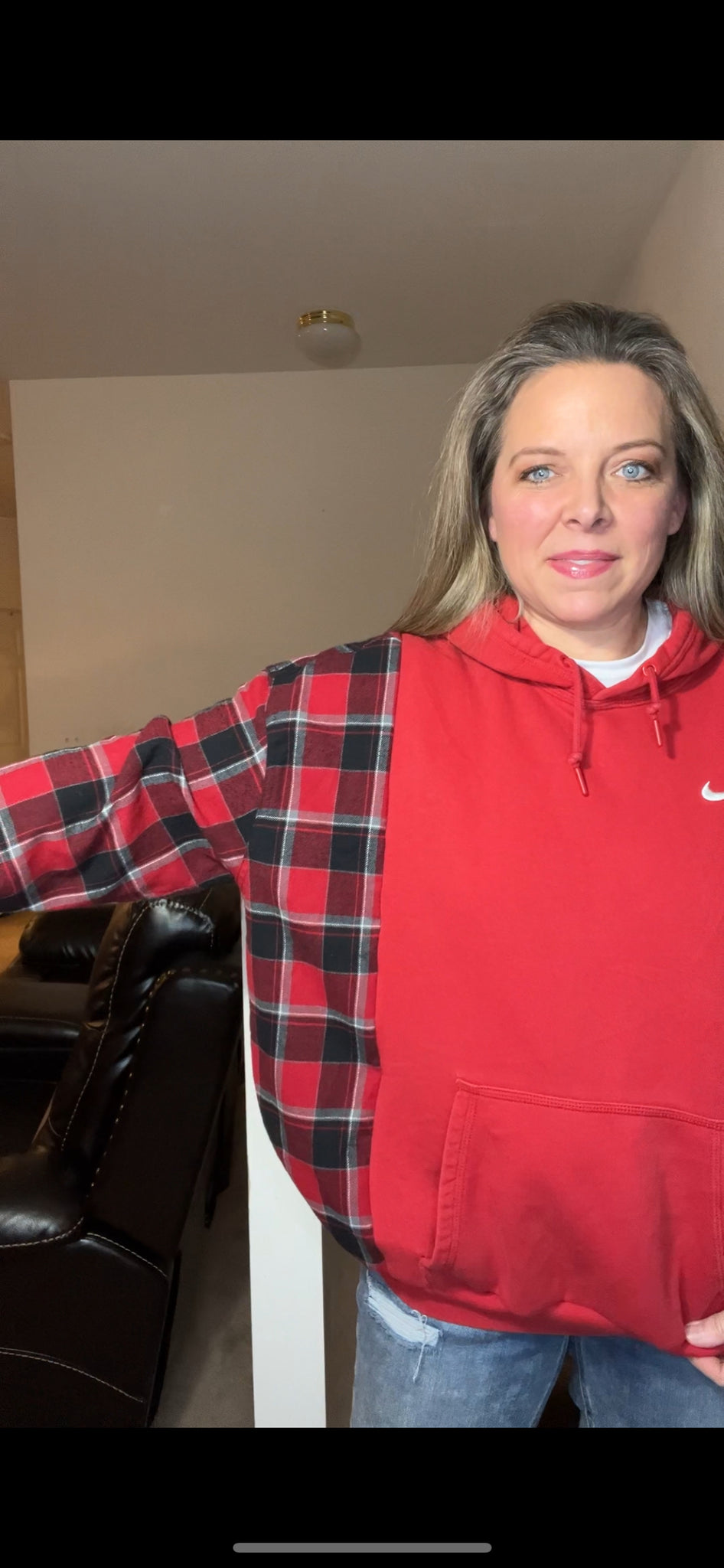 Upcycled Red Nike – women’s XL – thick sweatshirt with flannel sleeves ￼