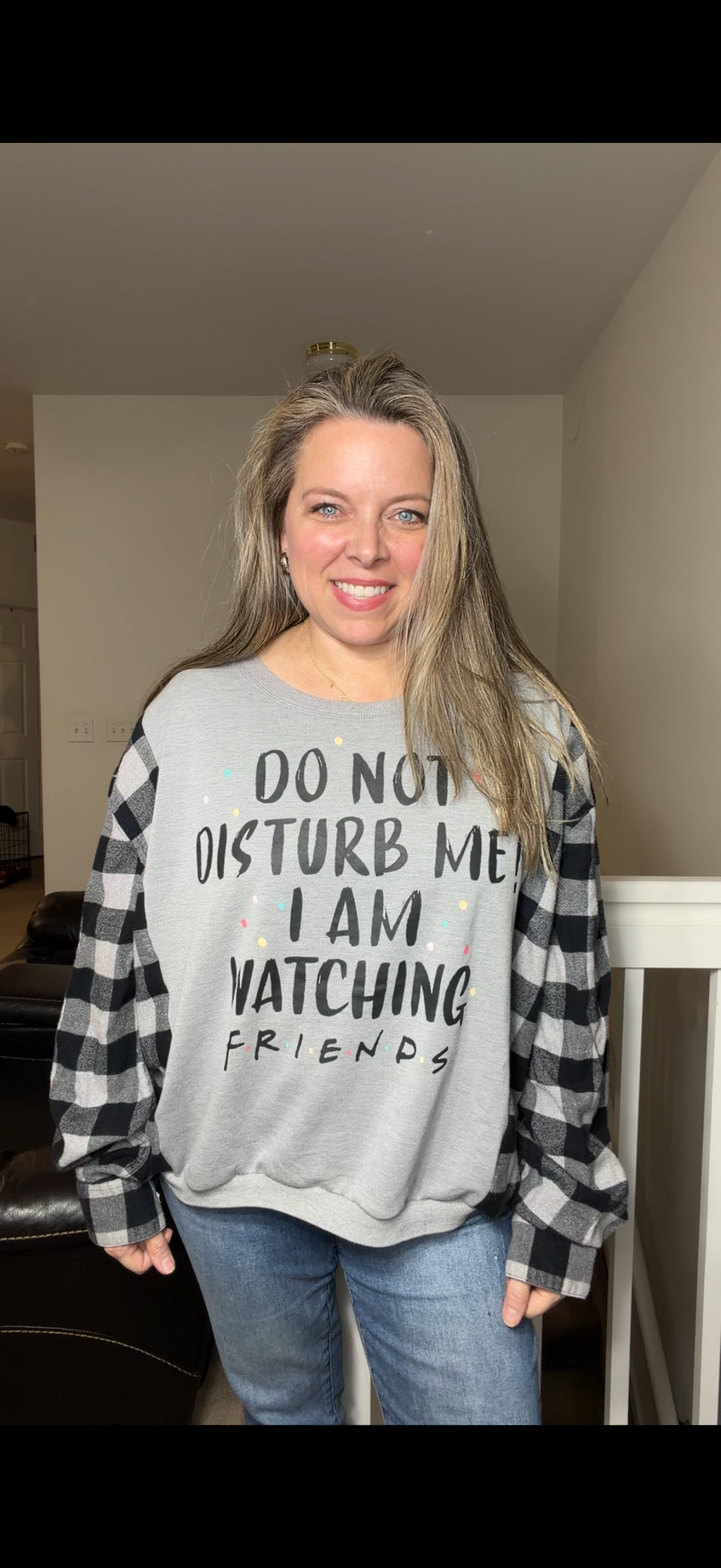 Upcycled Friends - women's small/medium midweight sweatshirt with flannel sleeves