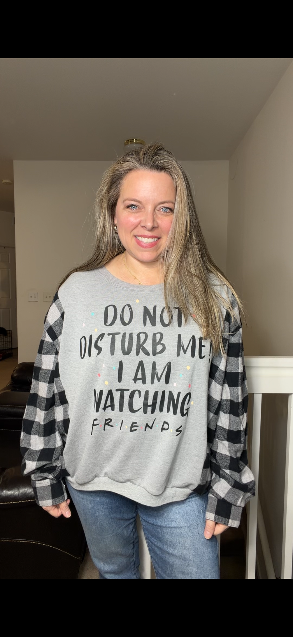 Upcycled Friends - women's small/medium midweight sweatshirt with flannel sleeves