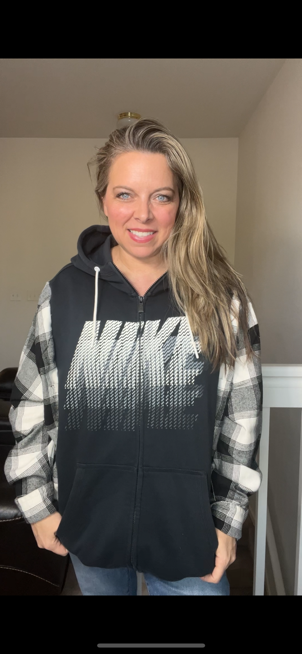 Upcycled Nike zip – women’s 3X/4X midweight sweatshirt with flannel sleeves