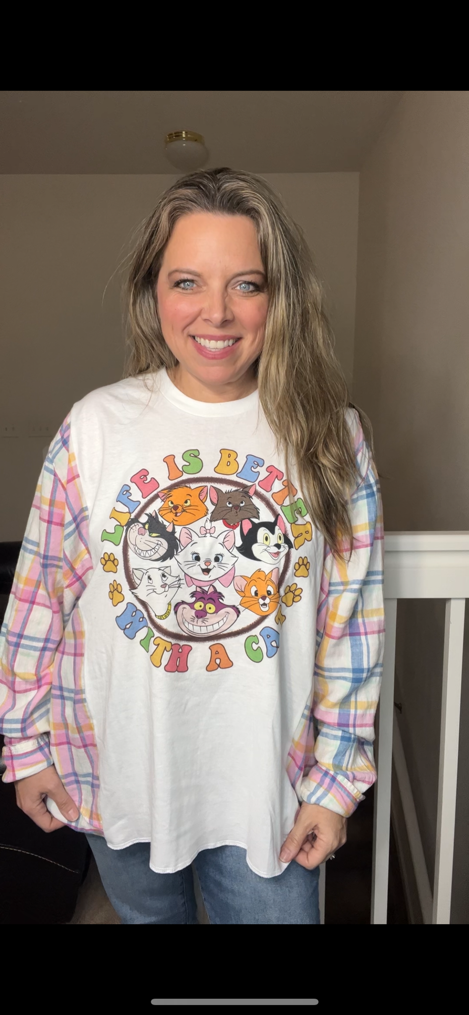Upcycled Cats – women’s 2X/3X T-shirt with flannel sleeves