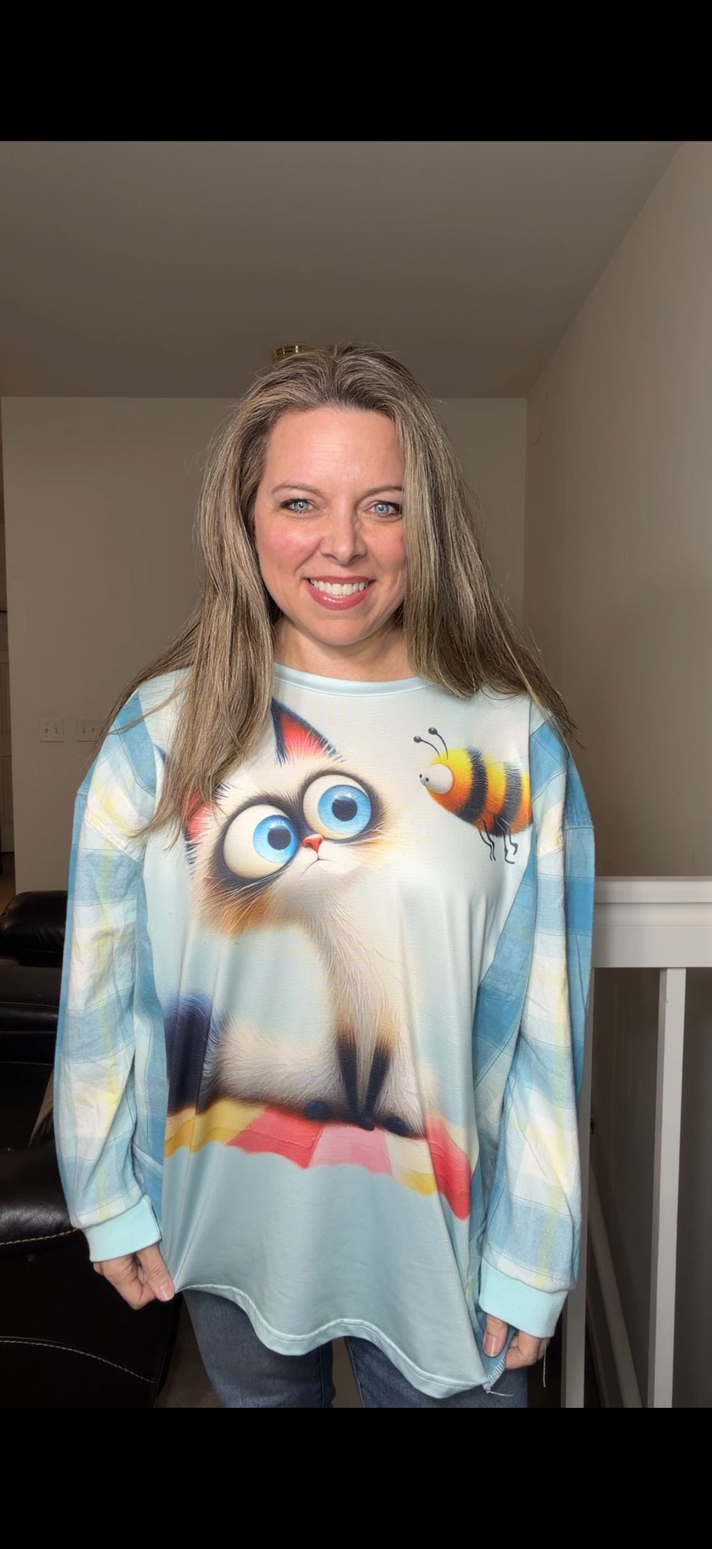 Upcycled Cat - women's XL dry fit T-shirt with flannel sleeves