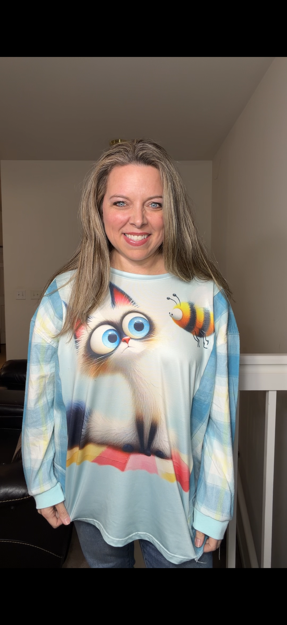 Upcycled Cat - women's XL dry fit T-shirt with flannel sleeves