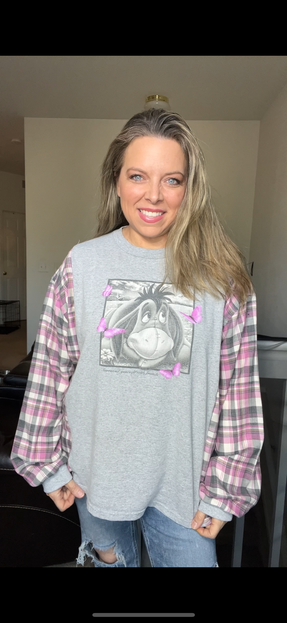 Upcycled Eeyore – women’s 2X T-shirt with thin flannel sleeves