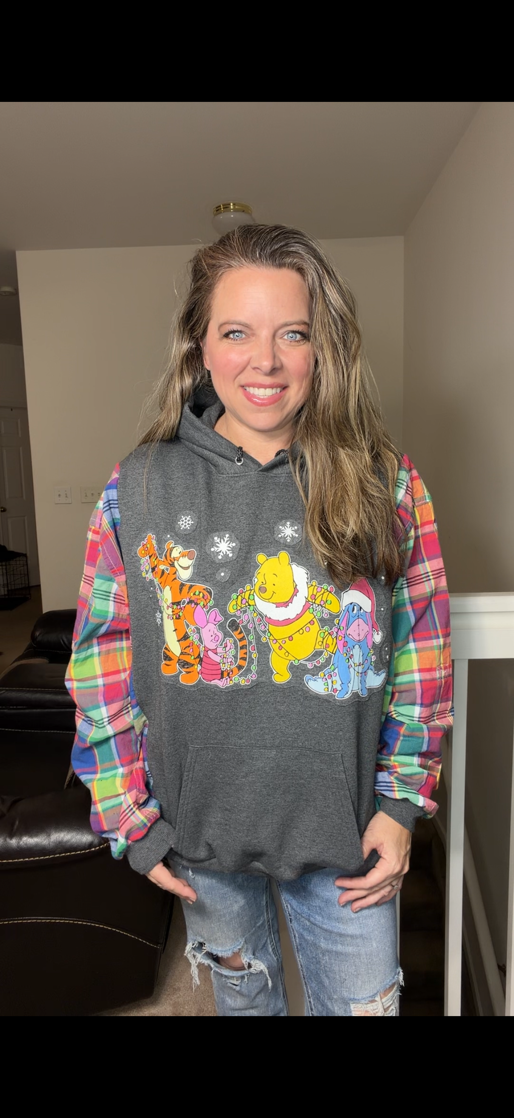 Upcycled Pooh Christmas- women's 2X midweight sweatshirt with cotton sleeves ￼