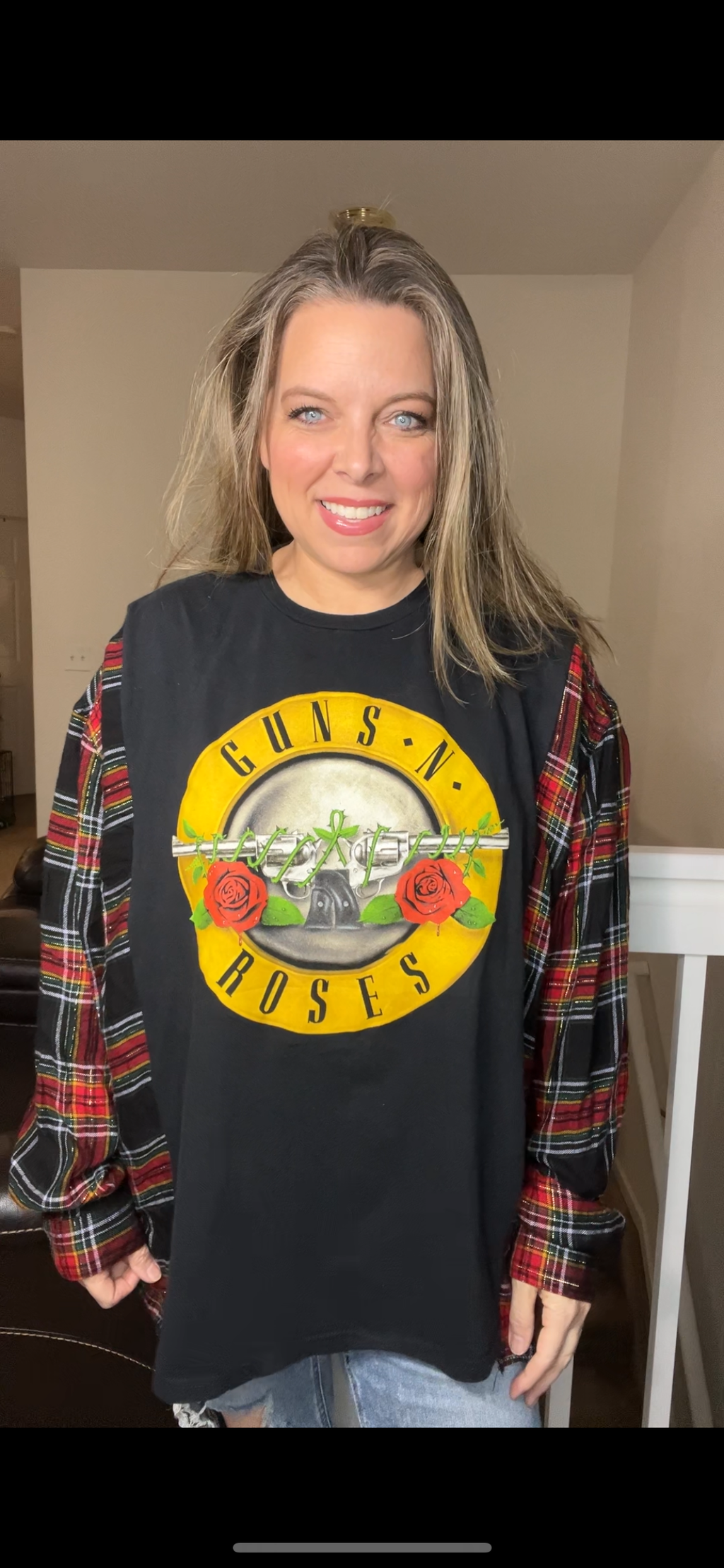 Upcycled Guns n Roses – women’s 3X T-shirt with flannel sleeves