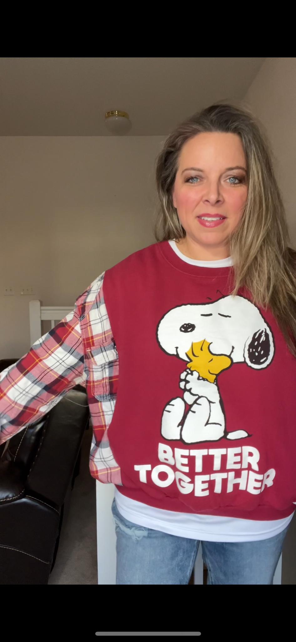 Upcycled Snoopy – women’s S/M – midweight sweatshirt with flannel sleeves￼