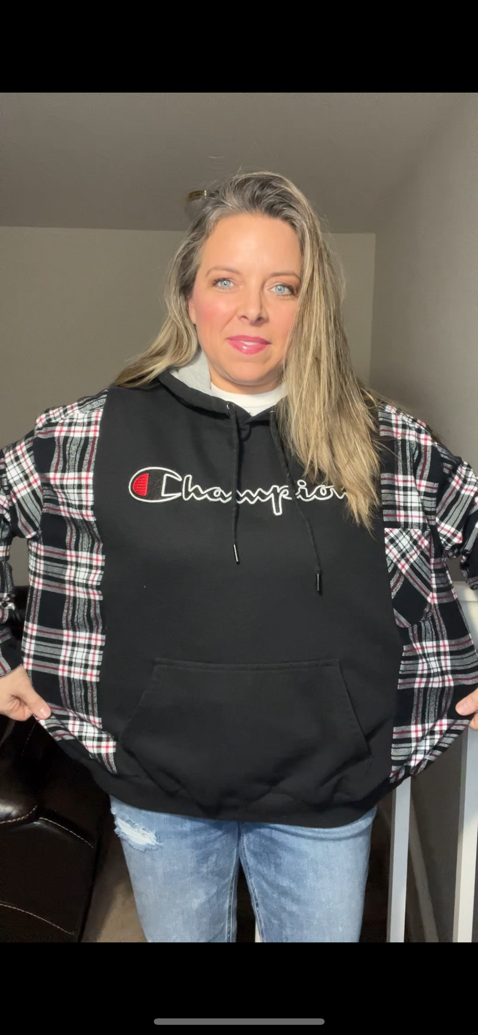 Upcycled Champion black – women’s large - thick sweatshirt with flannel sleeves – sleeves are more fitted￼