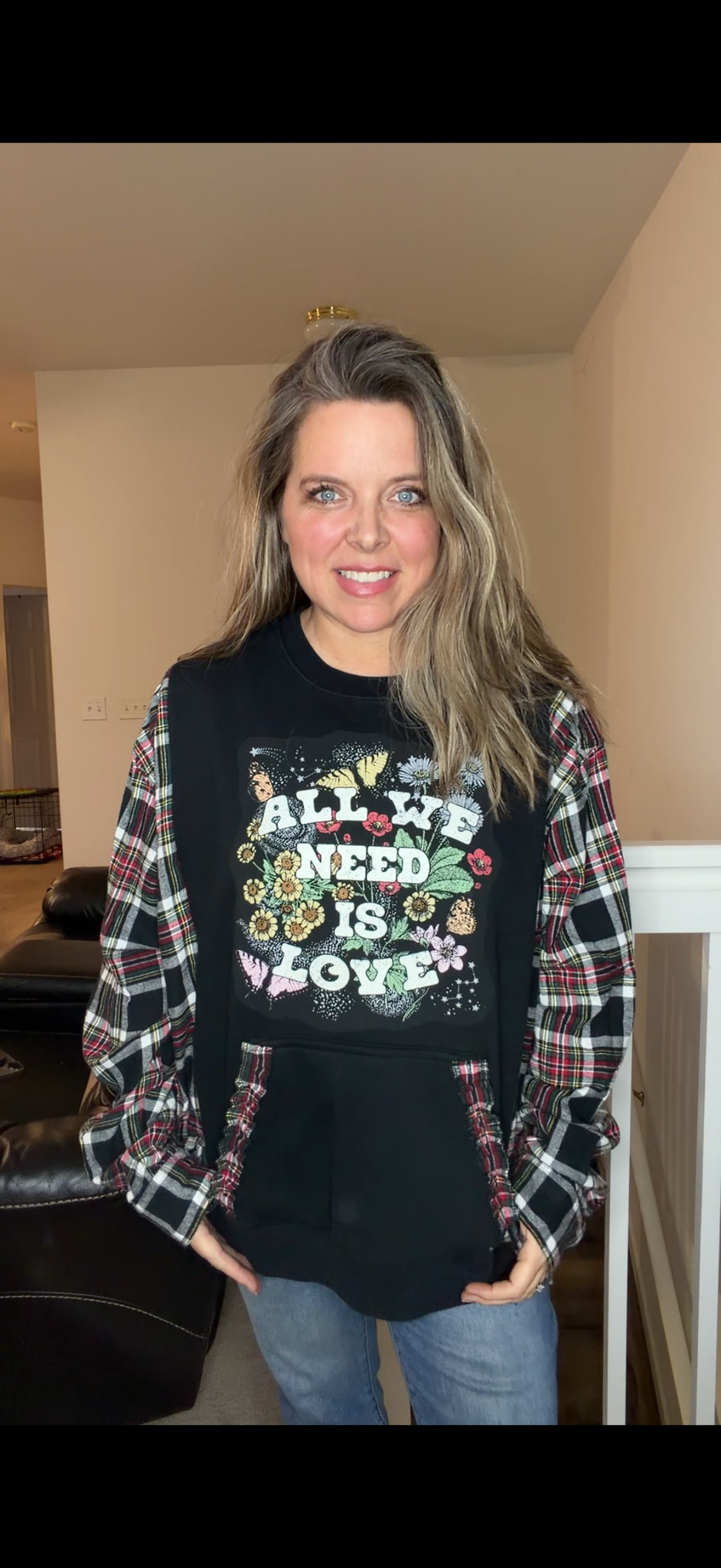 Upcycled Need Love - women's 2X midweight sweatshirt with flannel sleeves ￼