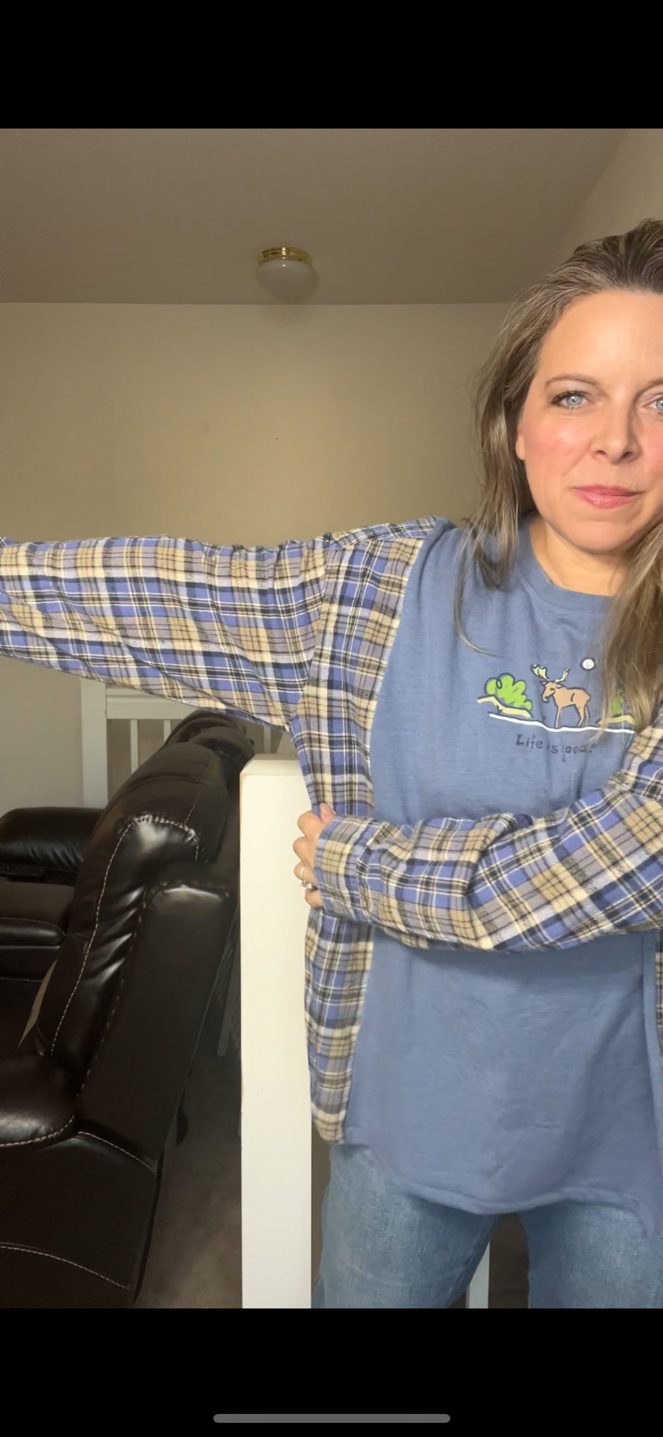 Upcycled Moose – women’s XL T-shirt with flannel sleeves